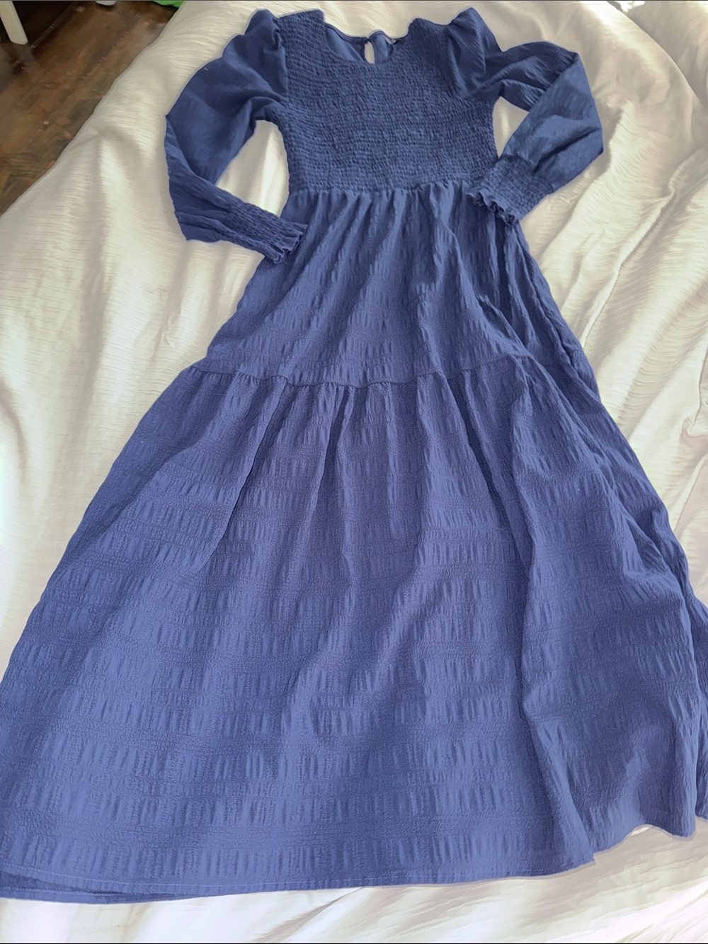 Amazon Navy Blue Long Sleeve Smocked Waist Maxi Dress